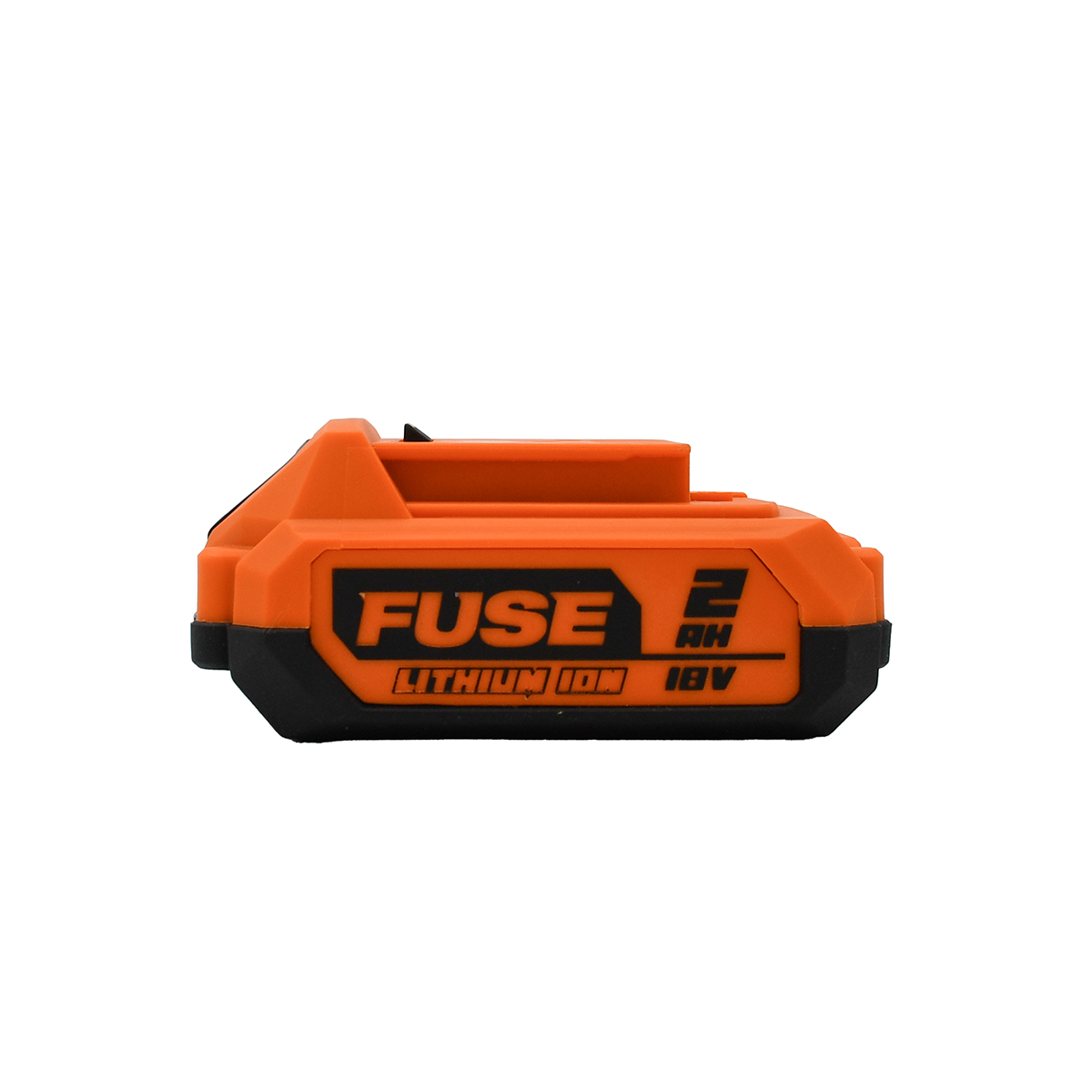 Pomarańczowo-czarny akumulator z napisem FUSE, 2AH, LITHIUM ION, 18V.