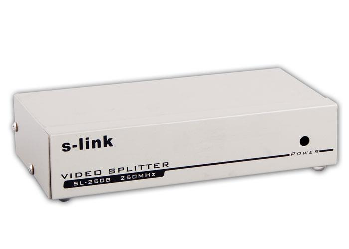Üzerinde "s-link" ve "VIDEO SPLITTER SL-2508 250MHZ" yazan beyaz bir video ayırıcı.
