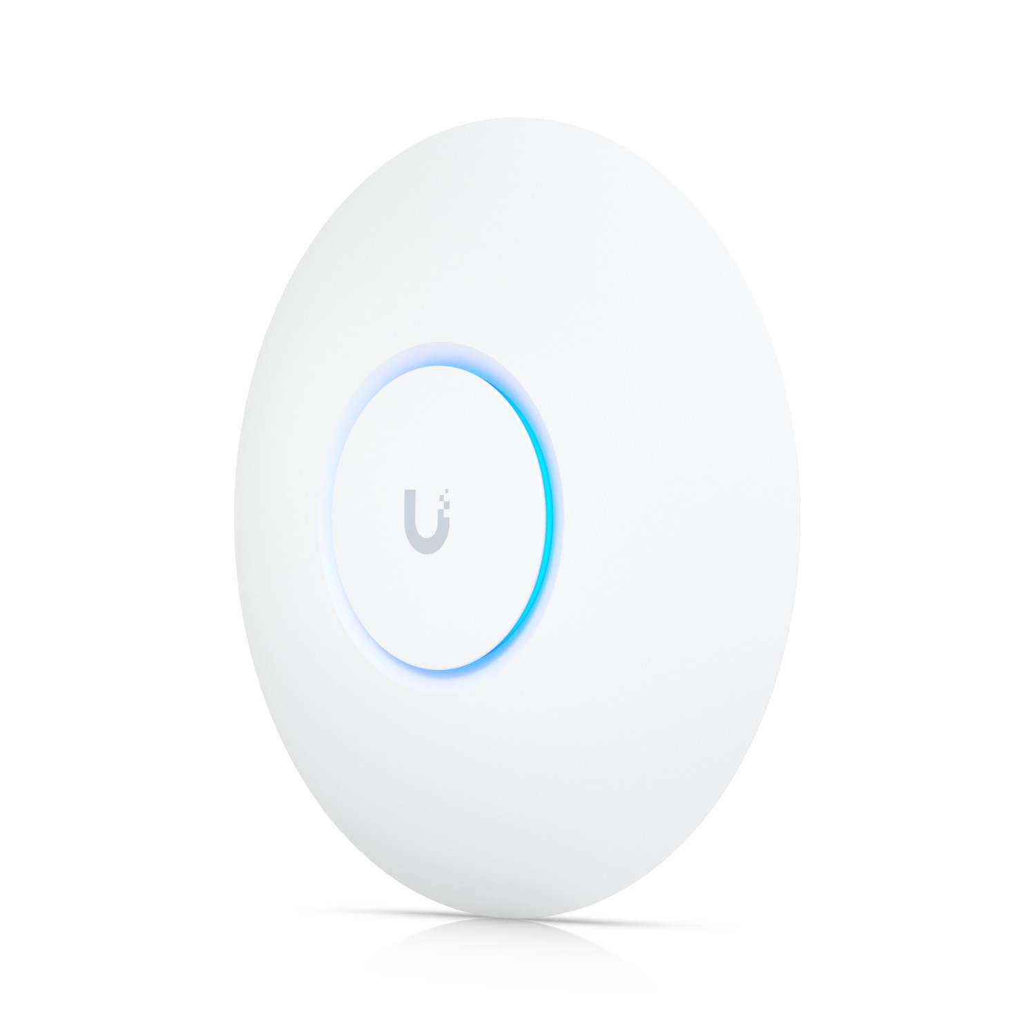 Un punto de acceso Wi-Fi blanco y redondo con un anillo azul brillante y logo U.