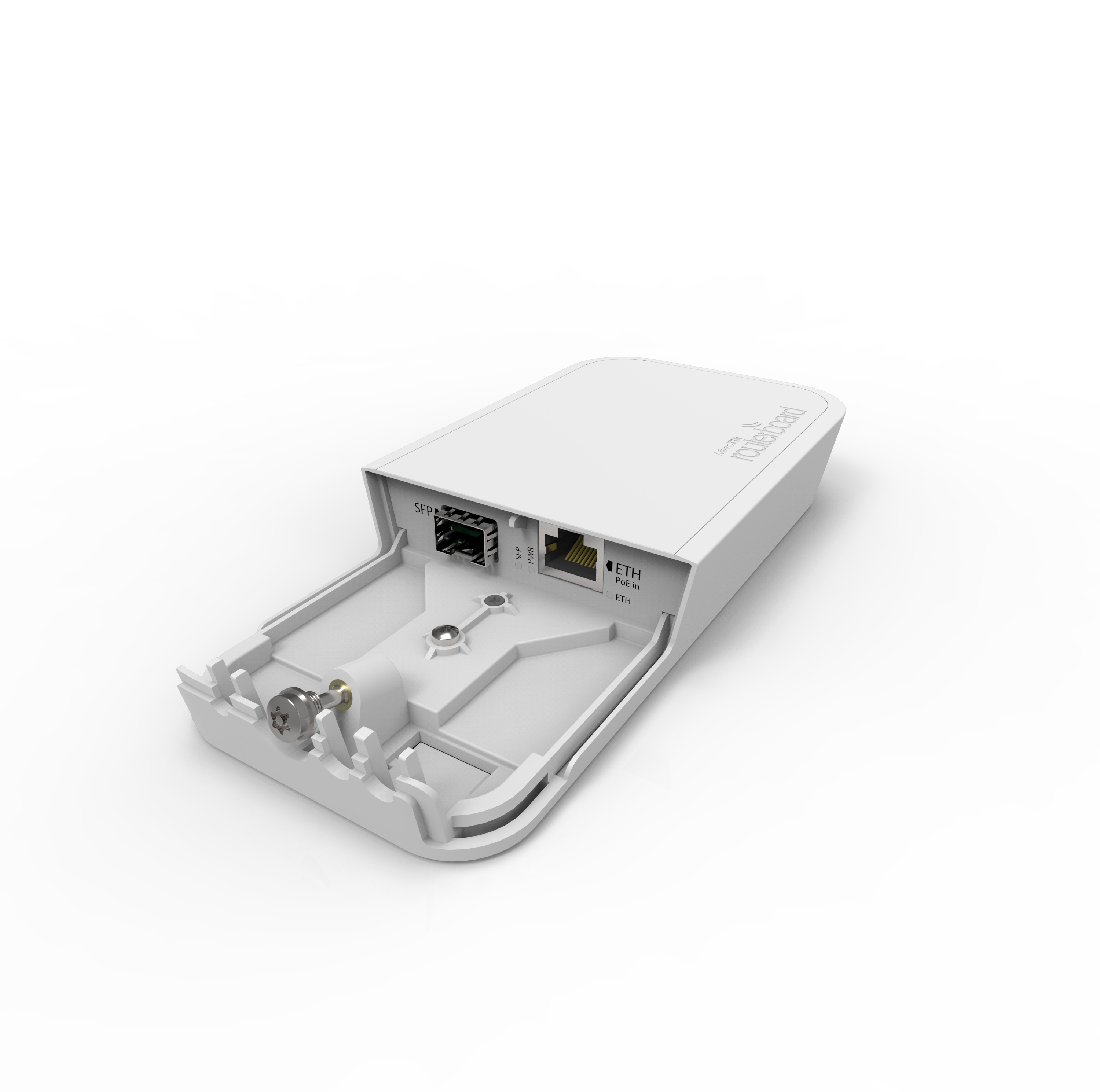 Biały Routerboard z portami SFP i ETH, na białym tle.
