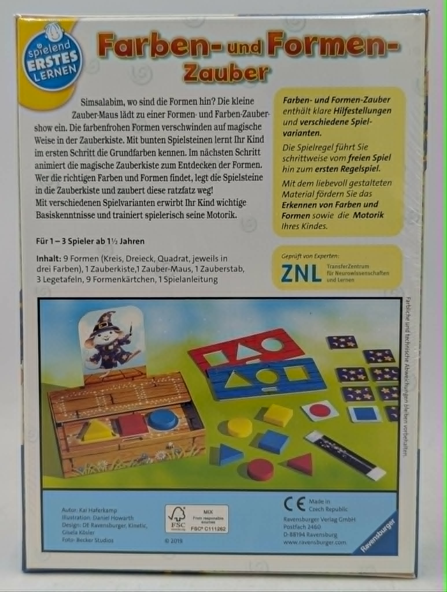 Spielerisches Lernen von Farben und Formen mit Spielsteinen und Zauberkiste.