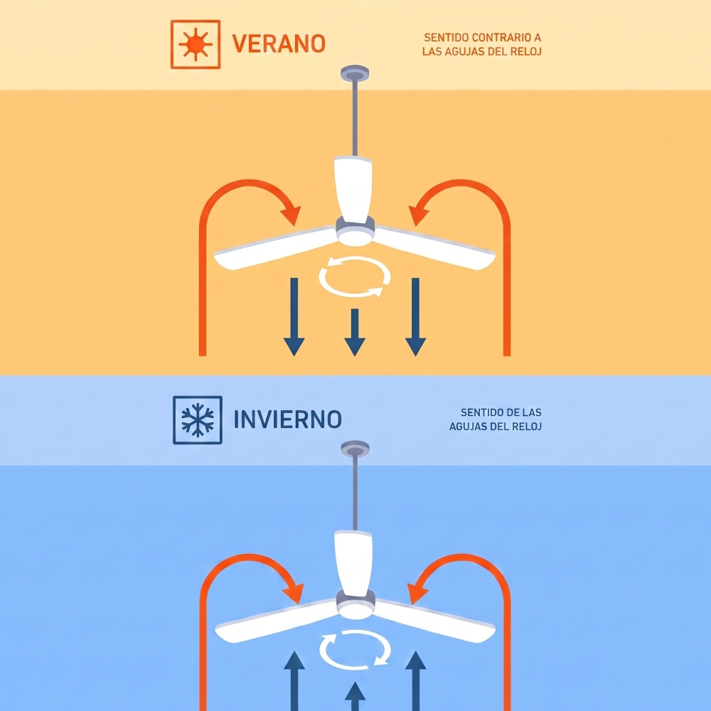 Ventilador de techo en verano e invierno: dirección del flujo de aire.