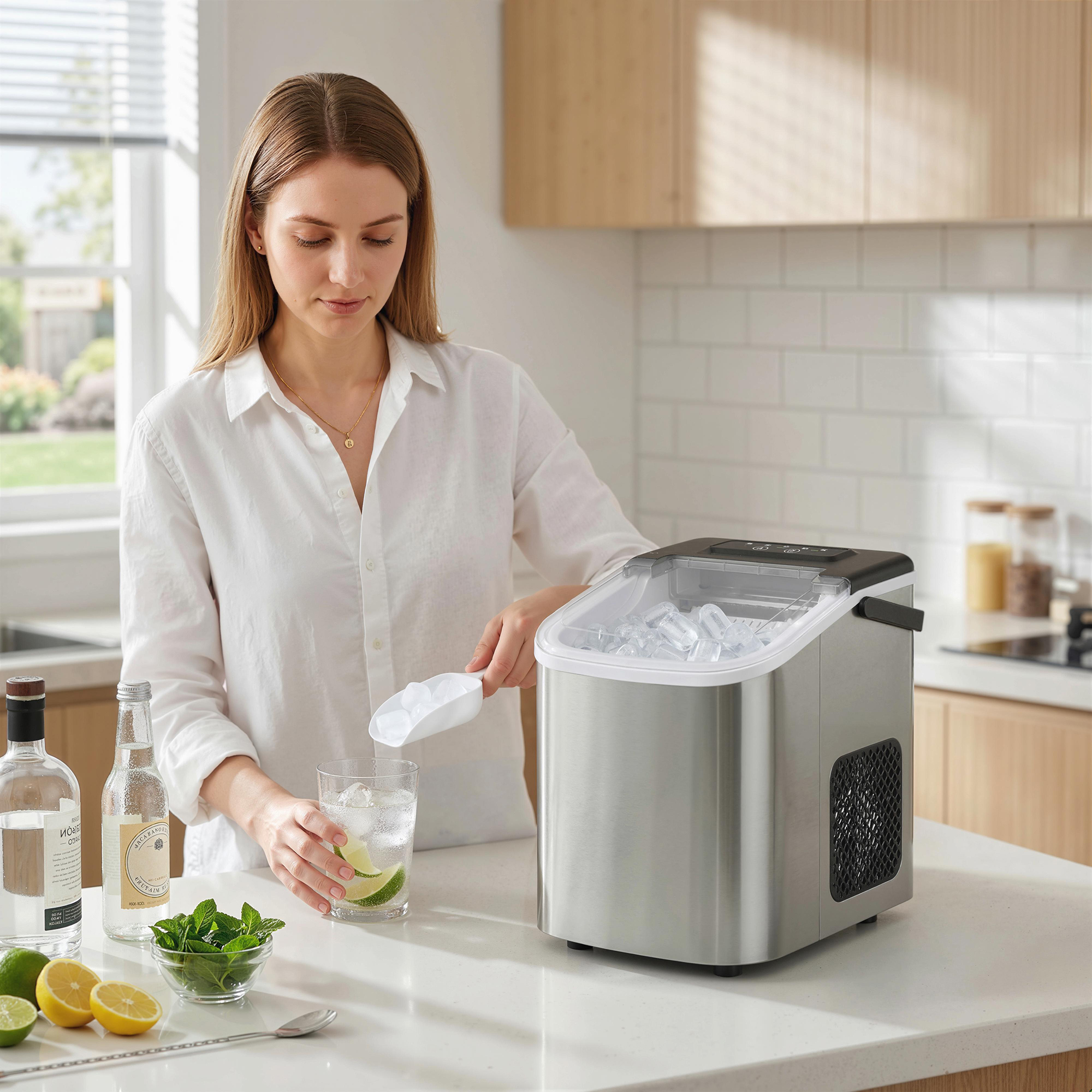 Donna aggiunge cubetti di ghiaccio in un bicchiere con lime e menta.