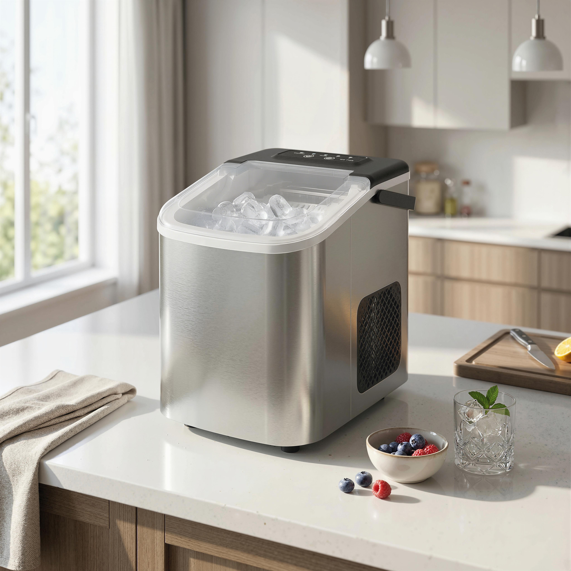 Macchina per il ghiaccio in acciaio inox su un bancone da cucina con bacche e bicchiere d'acqua ghiacciata.