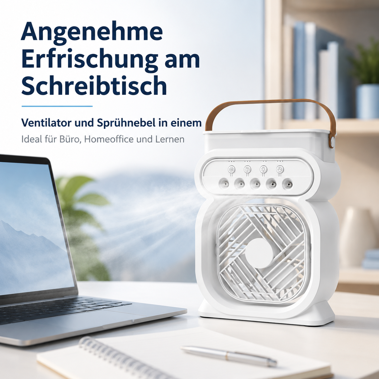 Weißer tragbarer Ventilator mit Nebelfunktion auf einem Schreibtisch neben einem Laptop.