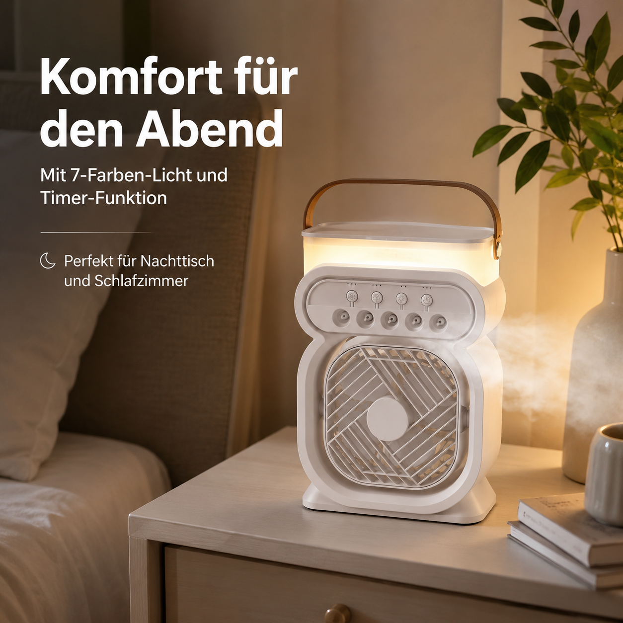 Ein weißer Luftkühler mit 7-Farben-Licht steht auf einem Nachttisch.