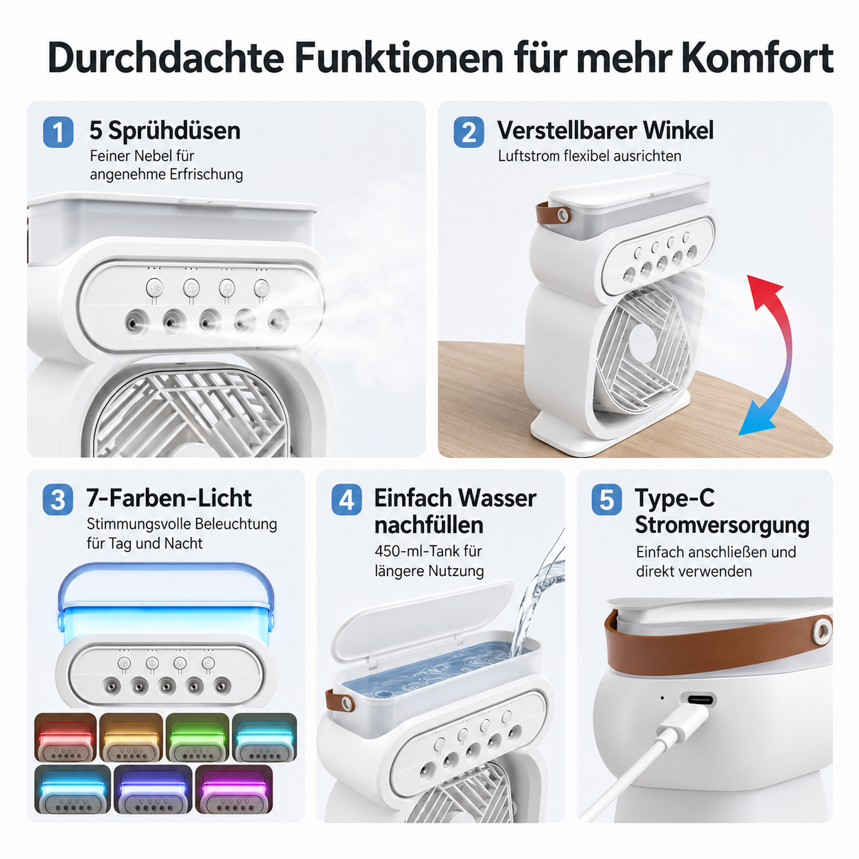 Produktübersicht: 5 Sprühdüsen, verstellbarer Winkel, 7-Farben-Licht, Wassernachfüllung, Type-C.