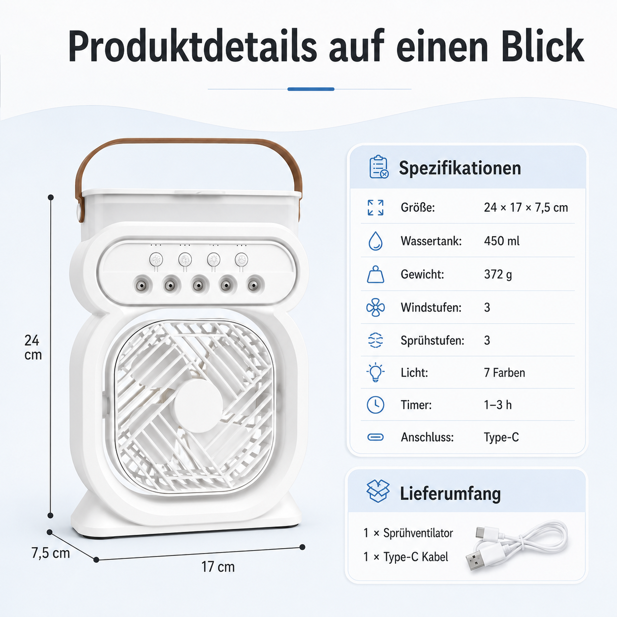 Ein weißer, tragbarer Ventilator mit Wassertank, Sprühdüsen und beleuchteter Oberseite.
