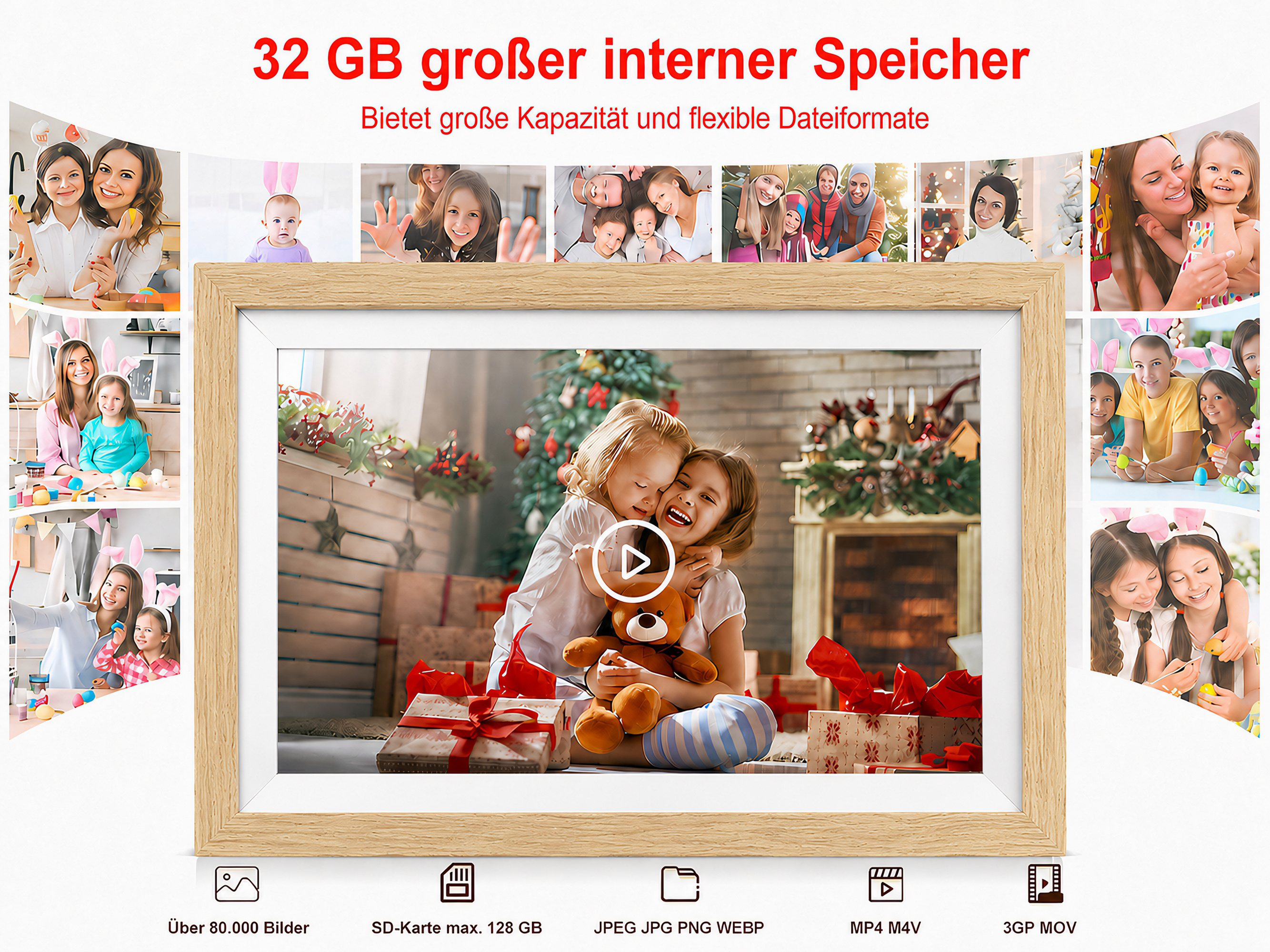 Digitalkamera mit vielen Familienfotos und Videowiedergabe.