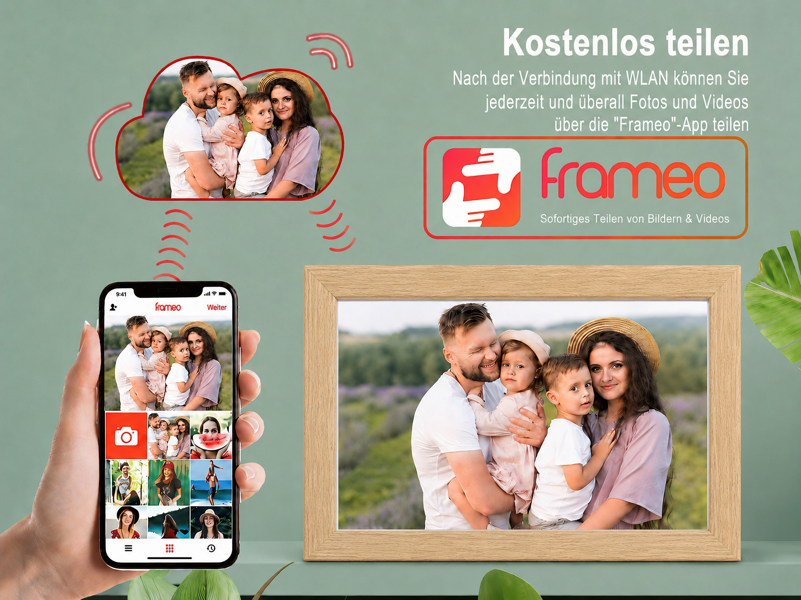Familie wird per App geteilt, ein Handy zeigt die App und einen Holzrahmen.