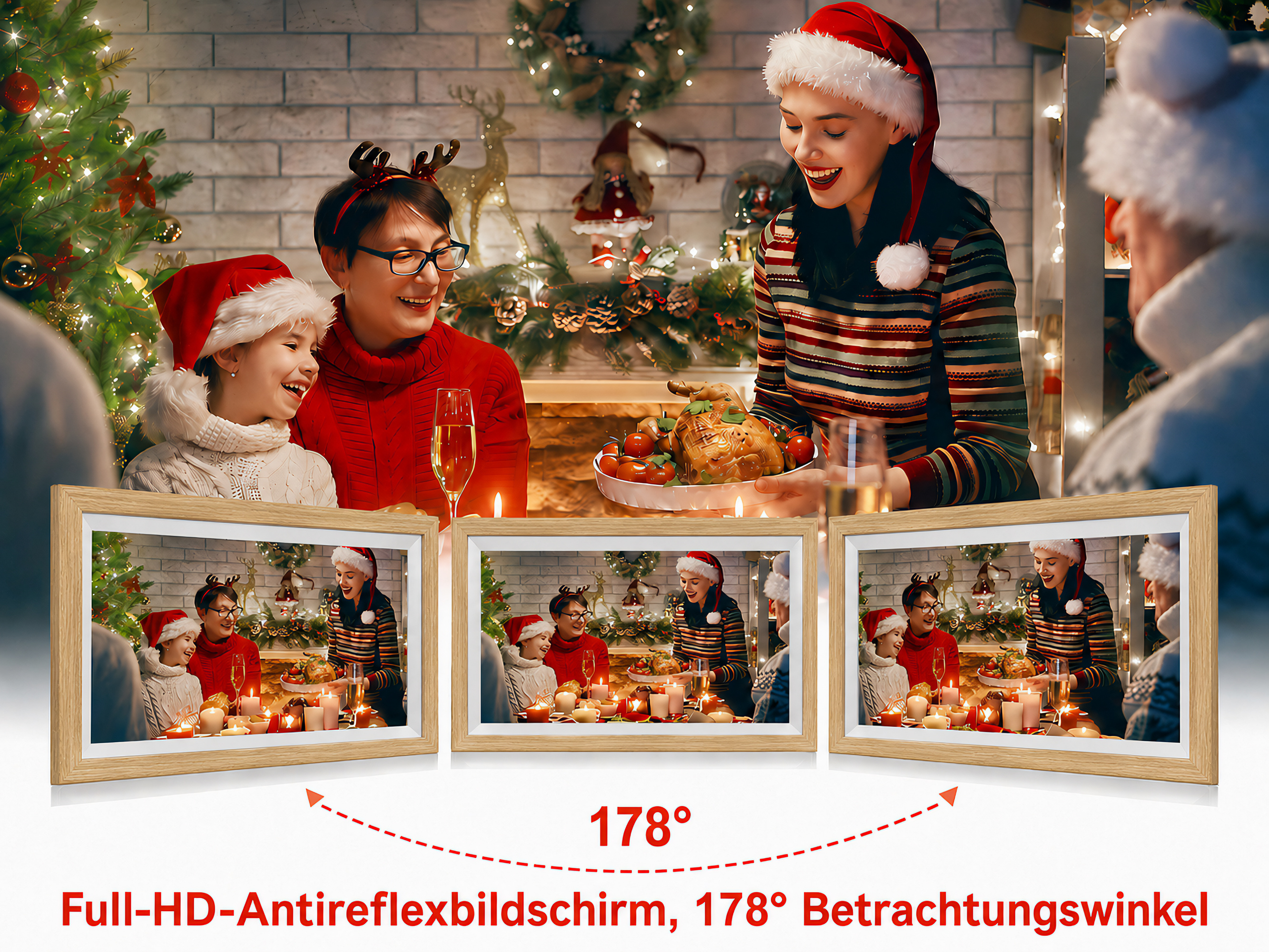 Familie feiert Weihnachten mit Truthahn und Kerzenlicht, drei Bilder zeigen die Szene.