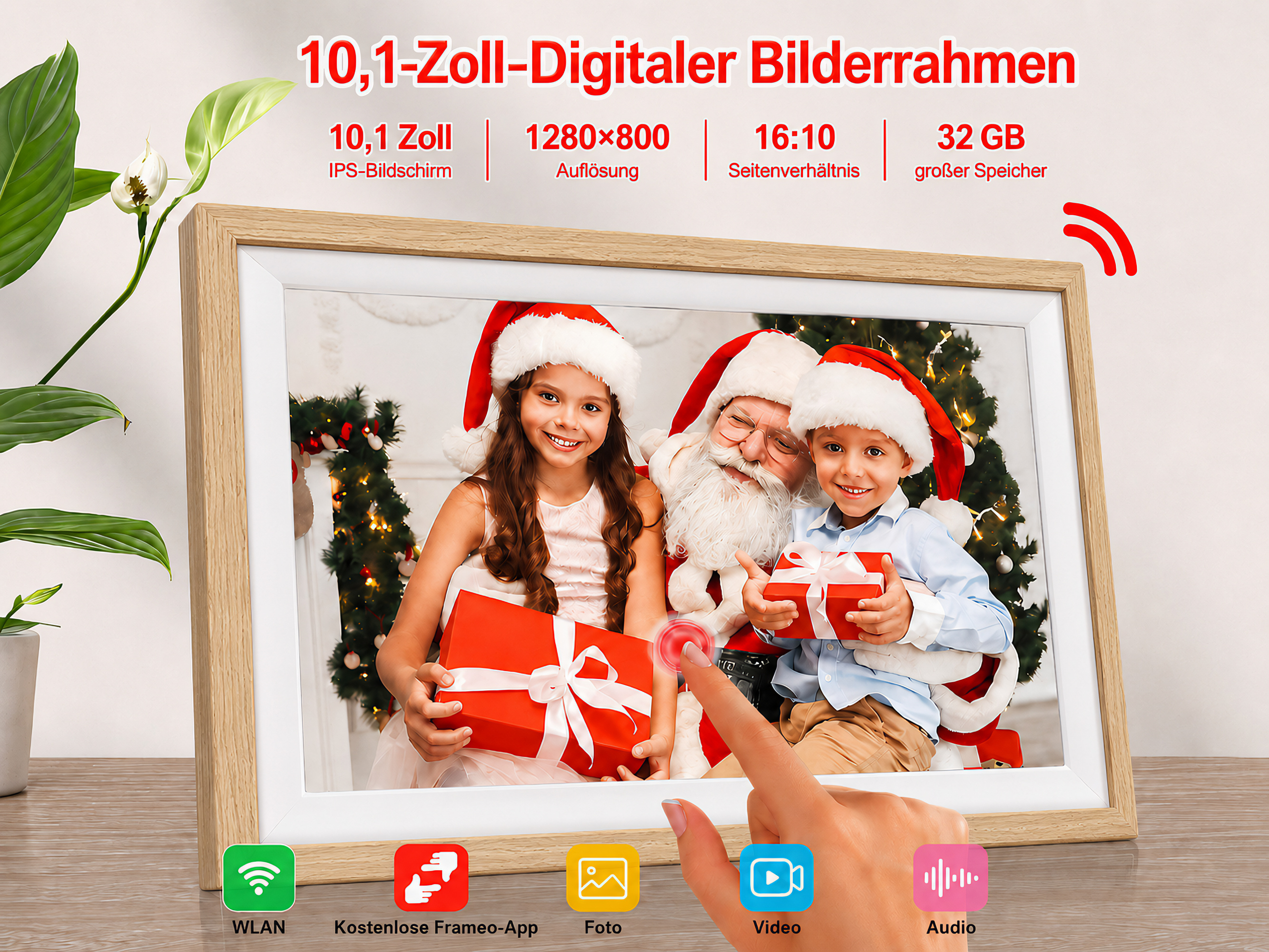 Digitaler Bilderrahmen zeigt Kinder mit Weihnachtsmann und Geschenken.