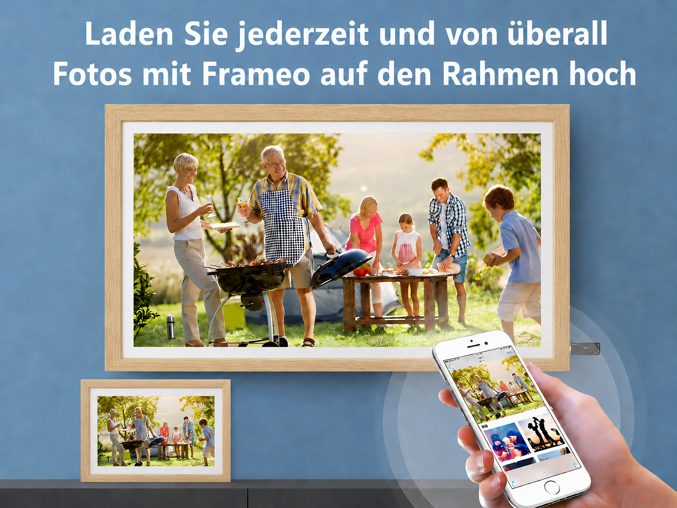 Familie grillt im Freien, ein Mann hält ein Handy mit Fotos.