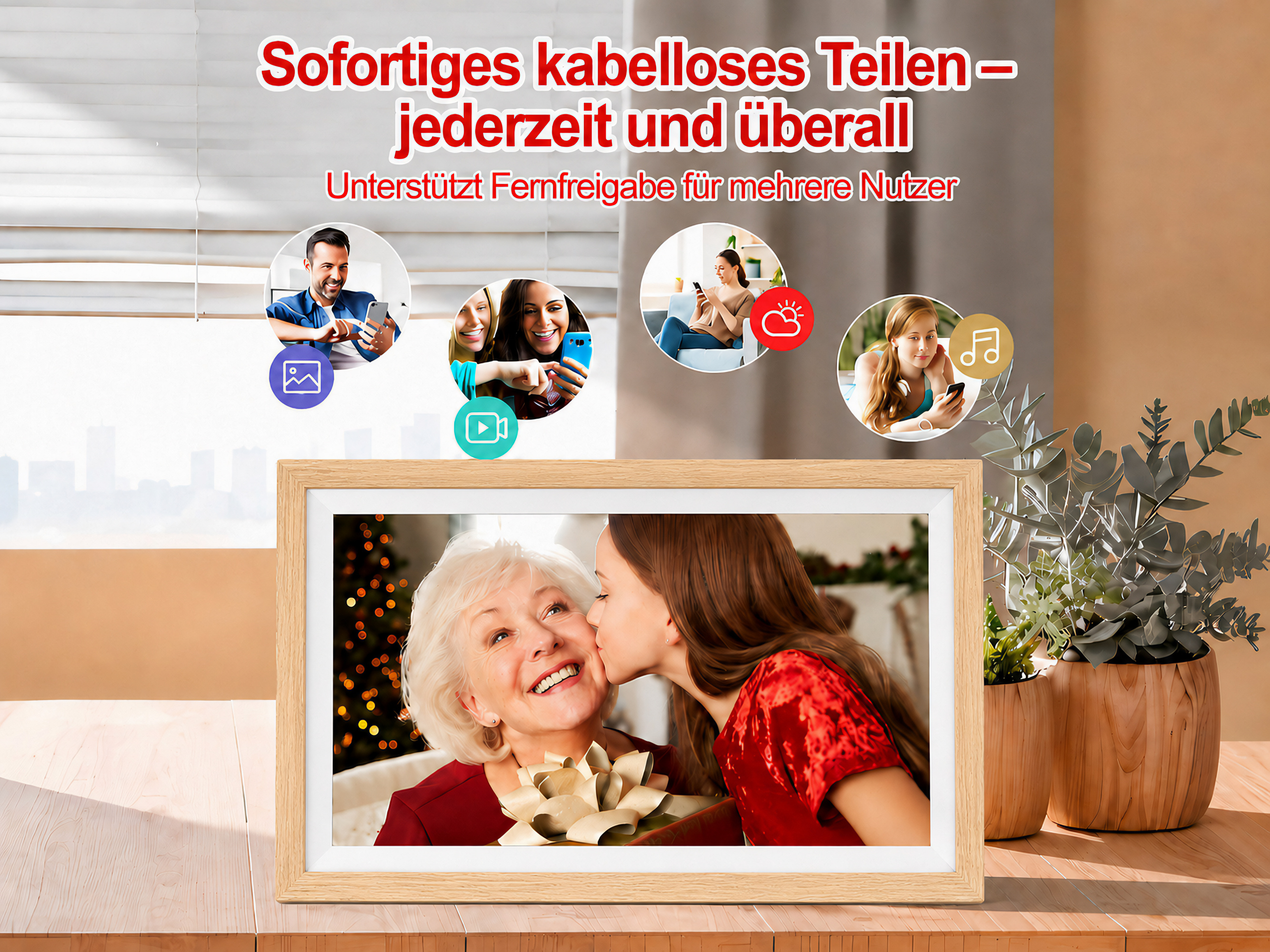 Ein junges Mädchen küsst eine ältere Frau auf die Wange vor einem Weihnachtsbaum.