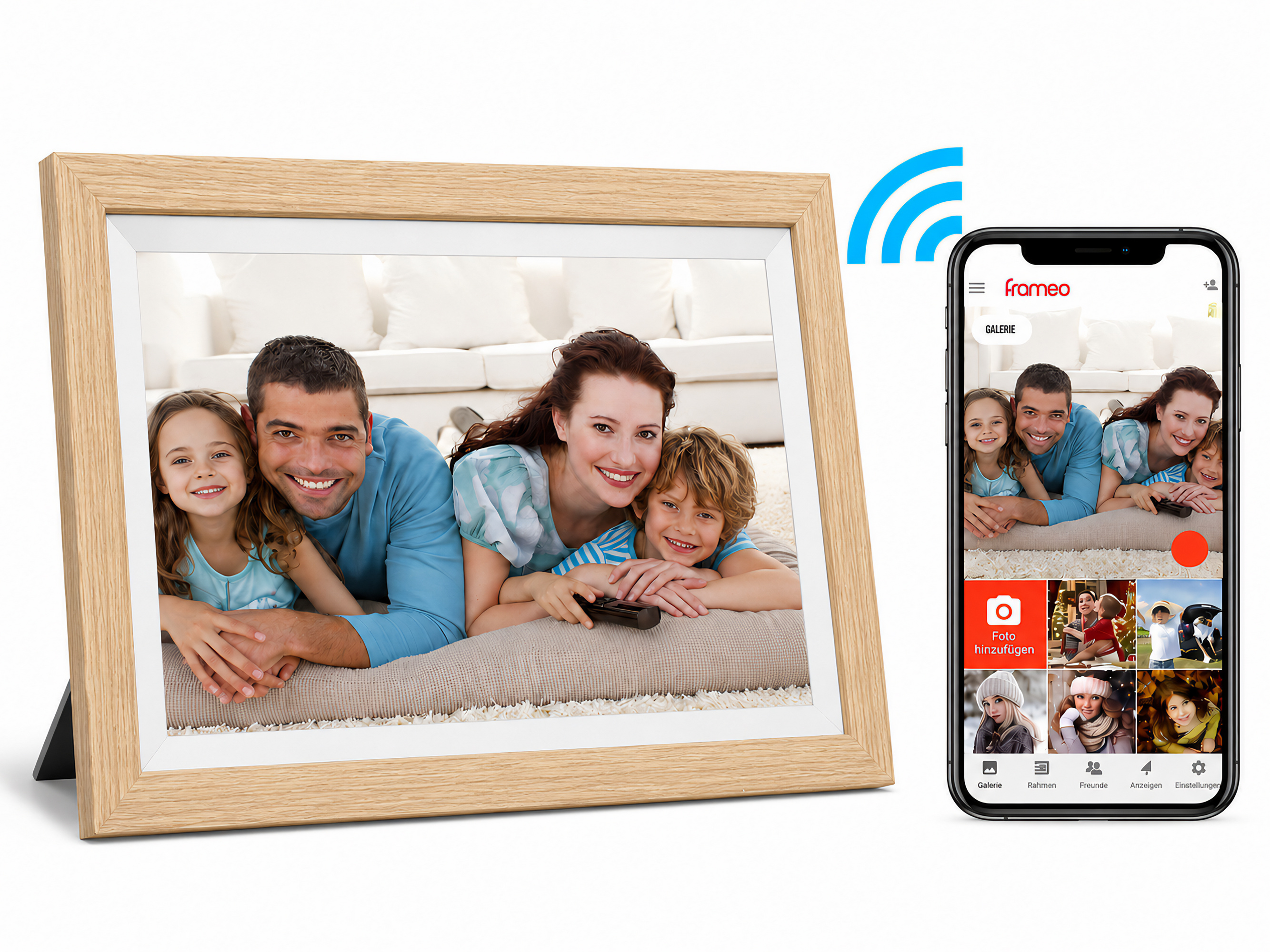 Ein Bilderrahmen mit einem Familienfoto und ein Smartphone, das die Frameo-App zeigt.