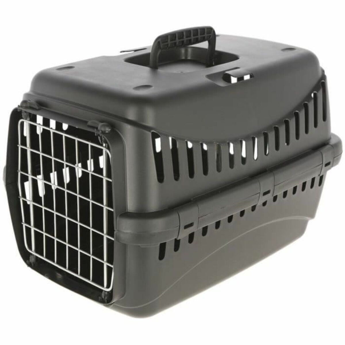 Eine schwarze Transportbox für Haustiere mit Metallfronttür und Tragegriff oben.