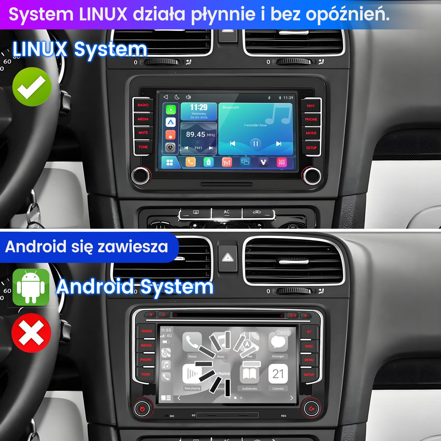 Porównanie dwóch systemów samochodowych: system LINUX z zaznaczeniem, system Android z czerwonym krzyżem.