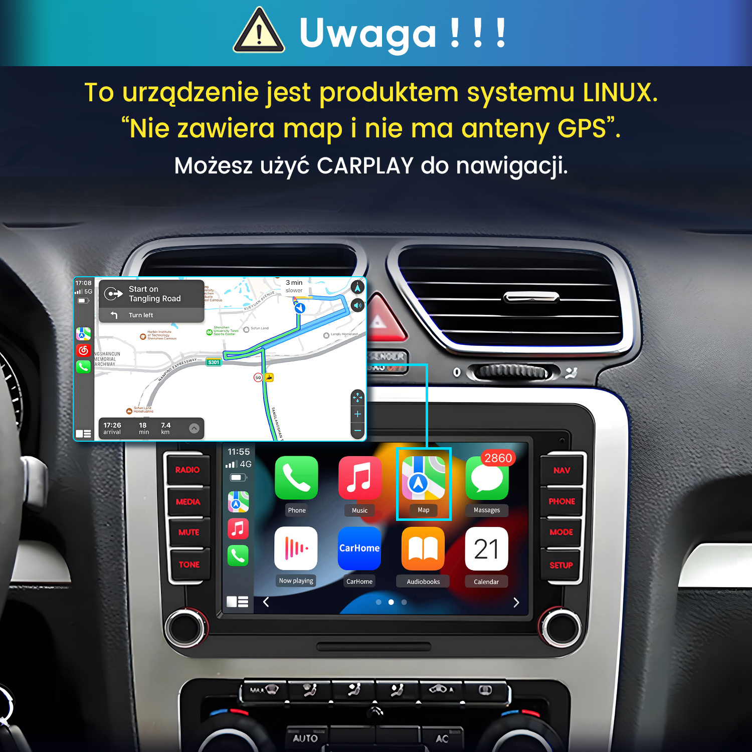 Deska rozdzielcza samochodu z systemem infotainment, pokazująca nawigację i ikony.