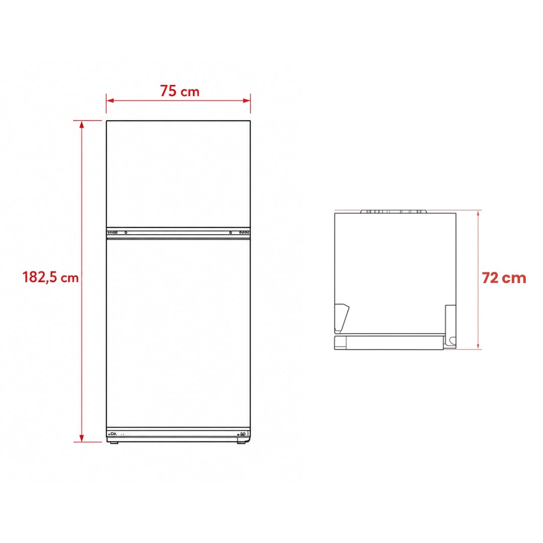 Buzdolabı ana hatları boyutlarıyla: 182,5cm Y, 75cm G, 72cm D.