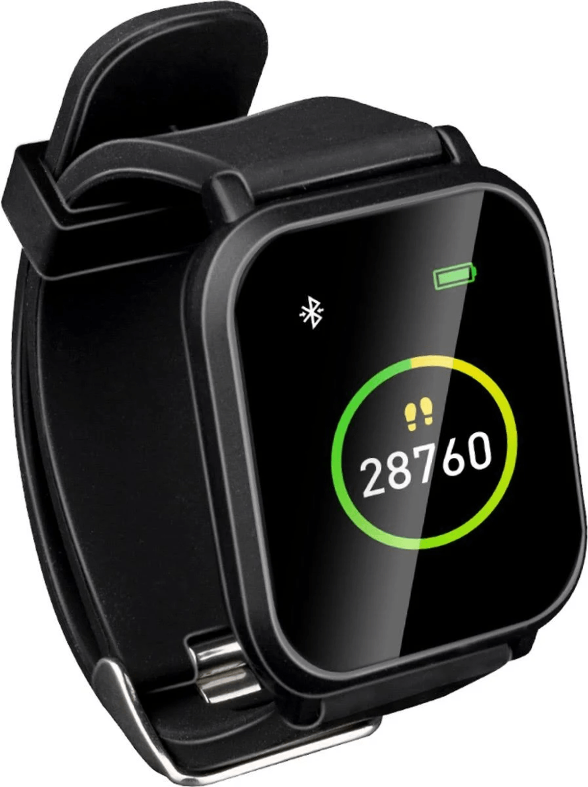 Un reloj inteligente negro muestra 28760 pasos en su pantalla, con iconos de batería y Bluetooth.