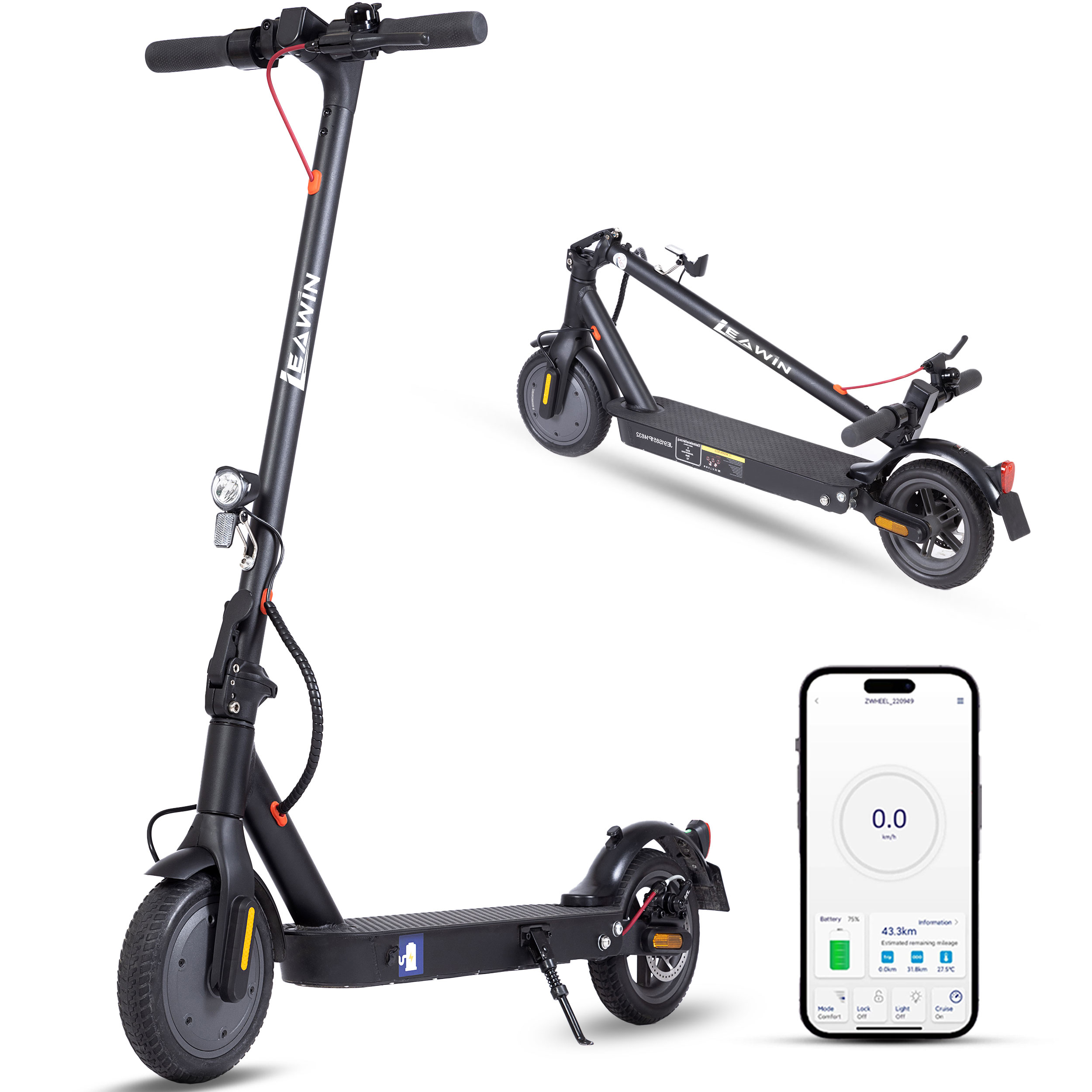 Czarny skuter elektryczny ze smartfonem wyświetlającym aplikację z danymi jazdy.