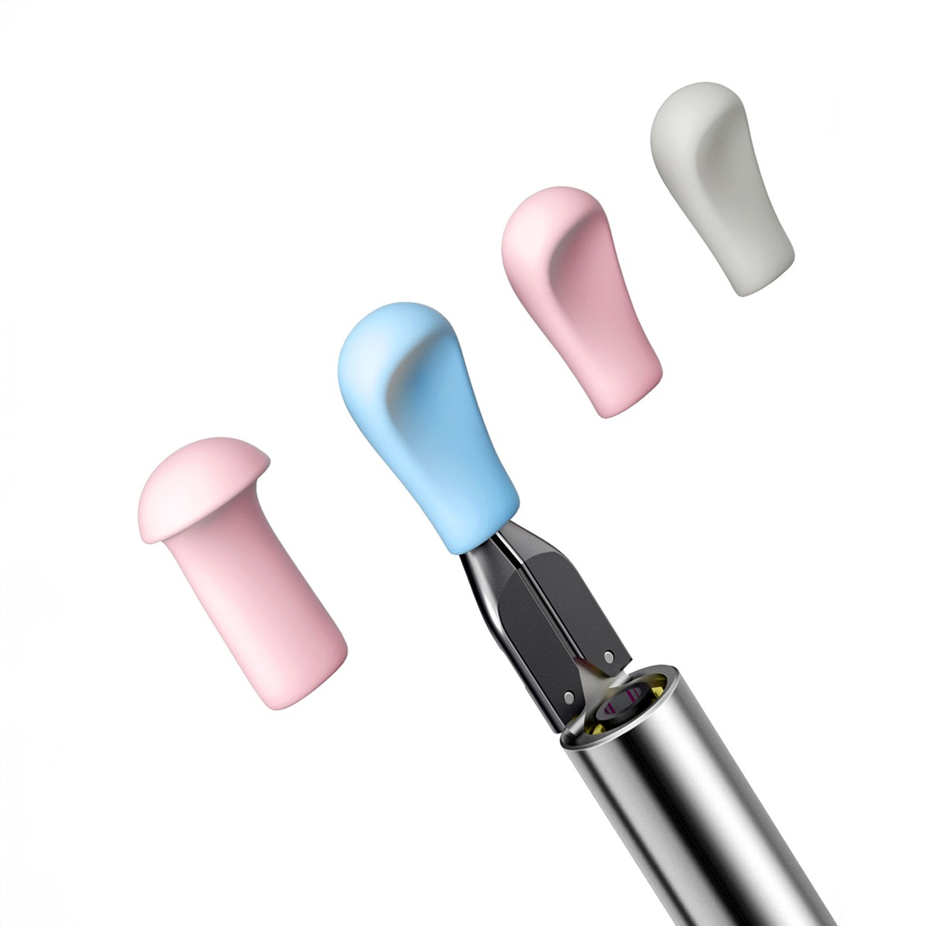Una penna metallica con punte intercambiabili blu, rosa e grigie.