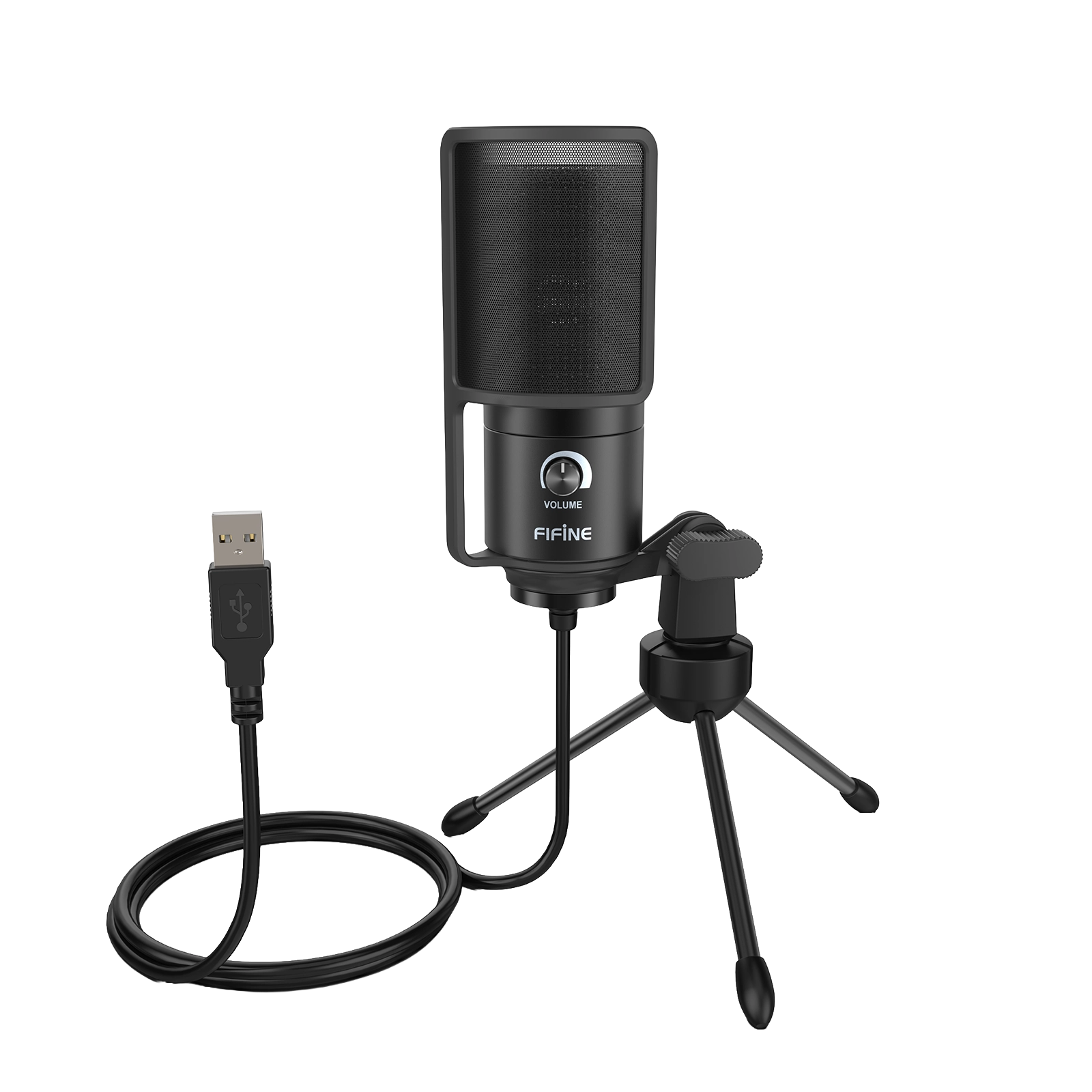 Hacim düğmeli, tripod standlı siyah USB mikrofon.