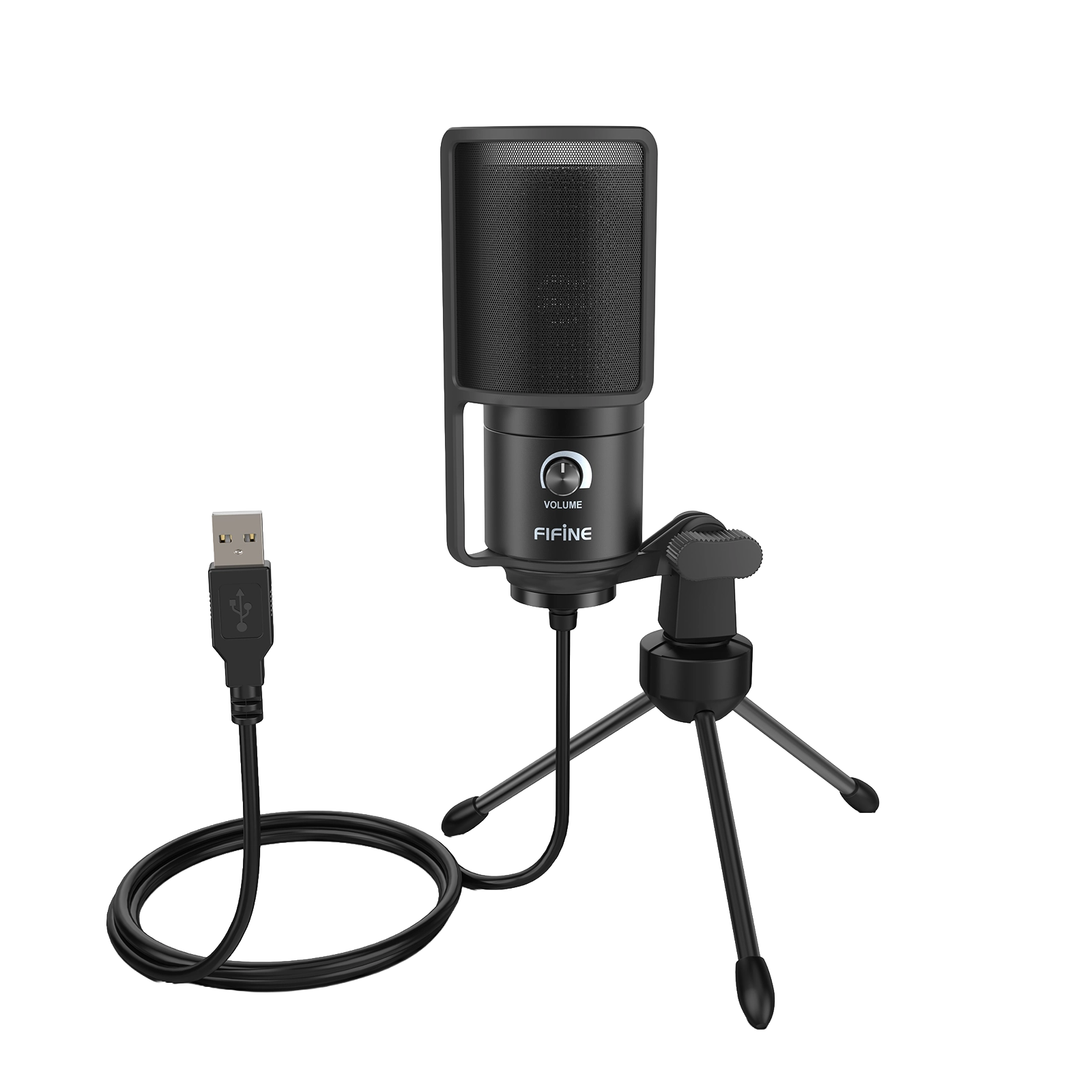 Beyaz arka plan üzerinde tripod standı ve ses düğmesi bulunan siyah USB mikrofon.