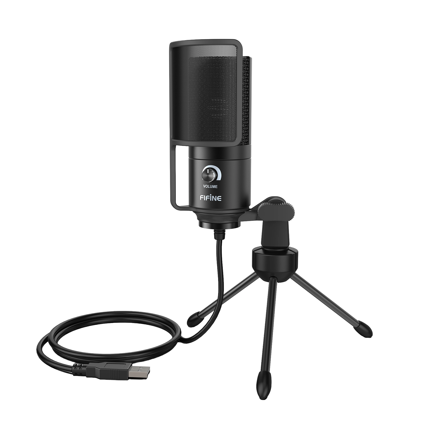 Beyaz arka plan üzerinde tripod standlı ve USB kablolu siyah mikrofon.
