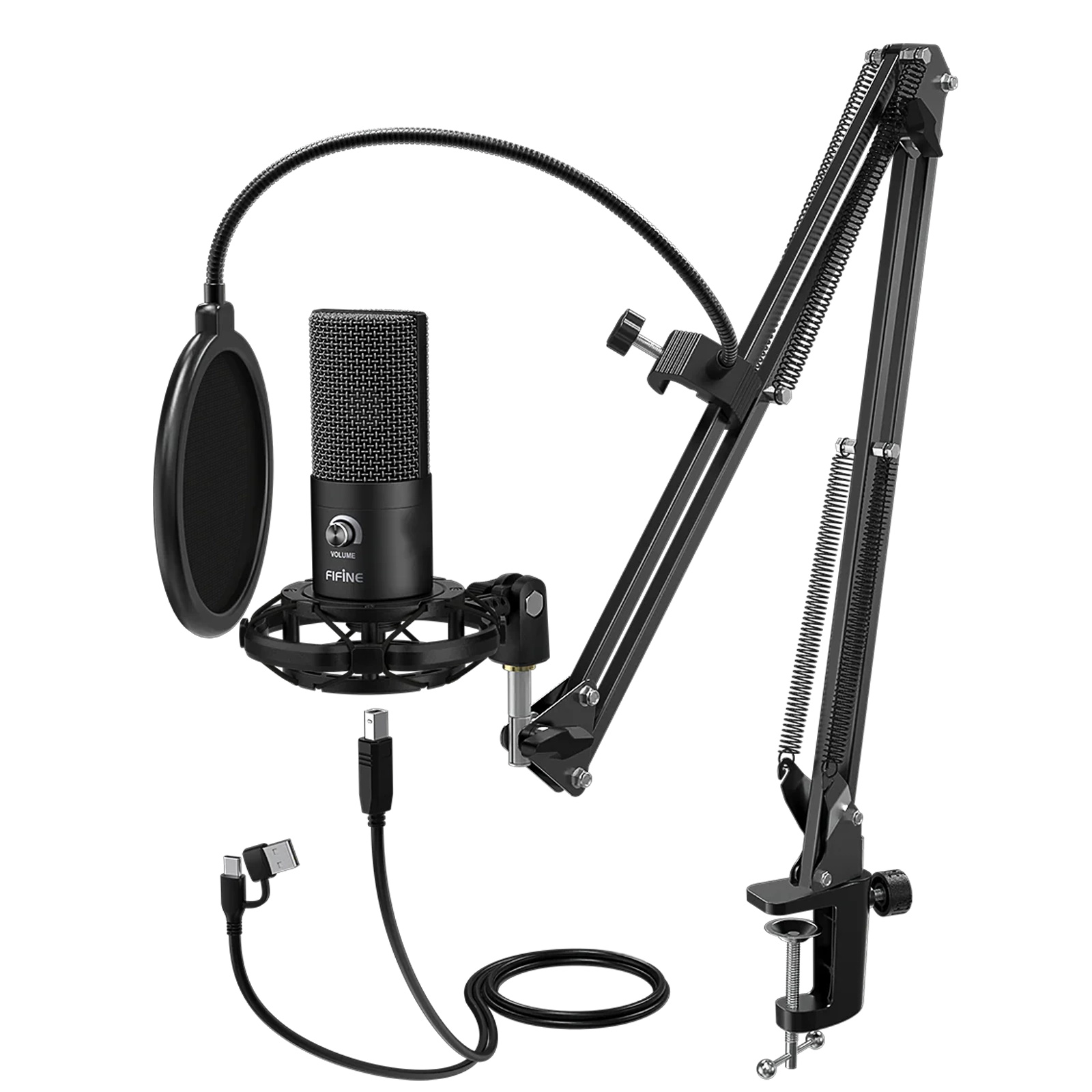 Siyah USB mikrofon, shock mount, pop filtre ve makas kolu ile birlikte.