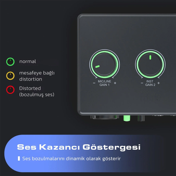 İki düğmeli bir ses arabirimi: solda Mic/Line Gain 1, sağda Inst Gain 2 için.