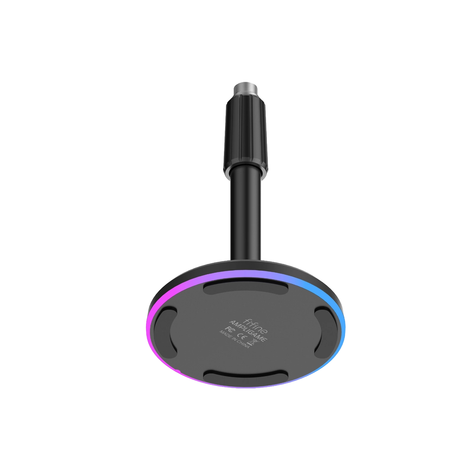 Yuvarlak tabanlı siyah mikrofon standı, RGB aydınlatmalı.