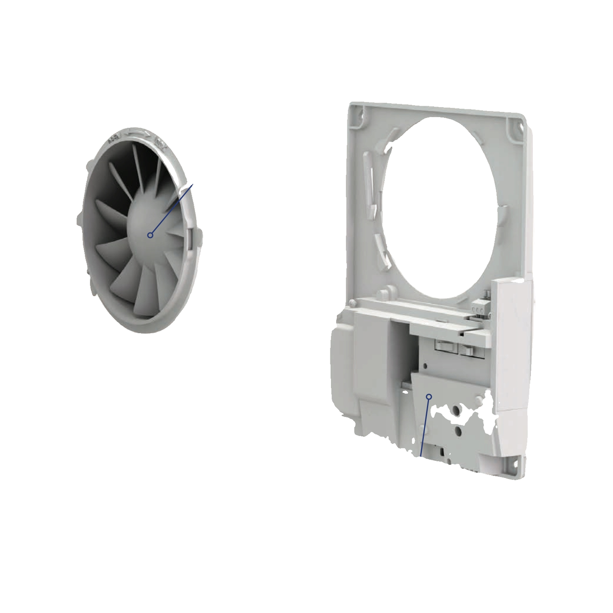 Una girante del ventilatore grigia e un alloggiamento bianco sono mostrati separatamente.