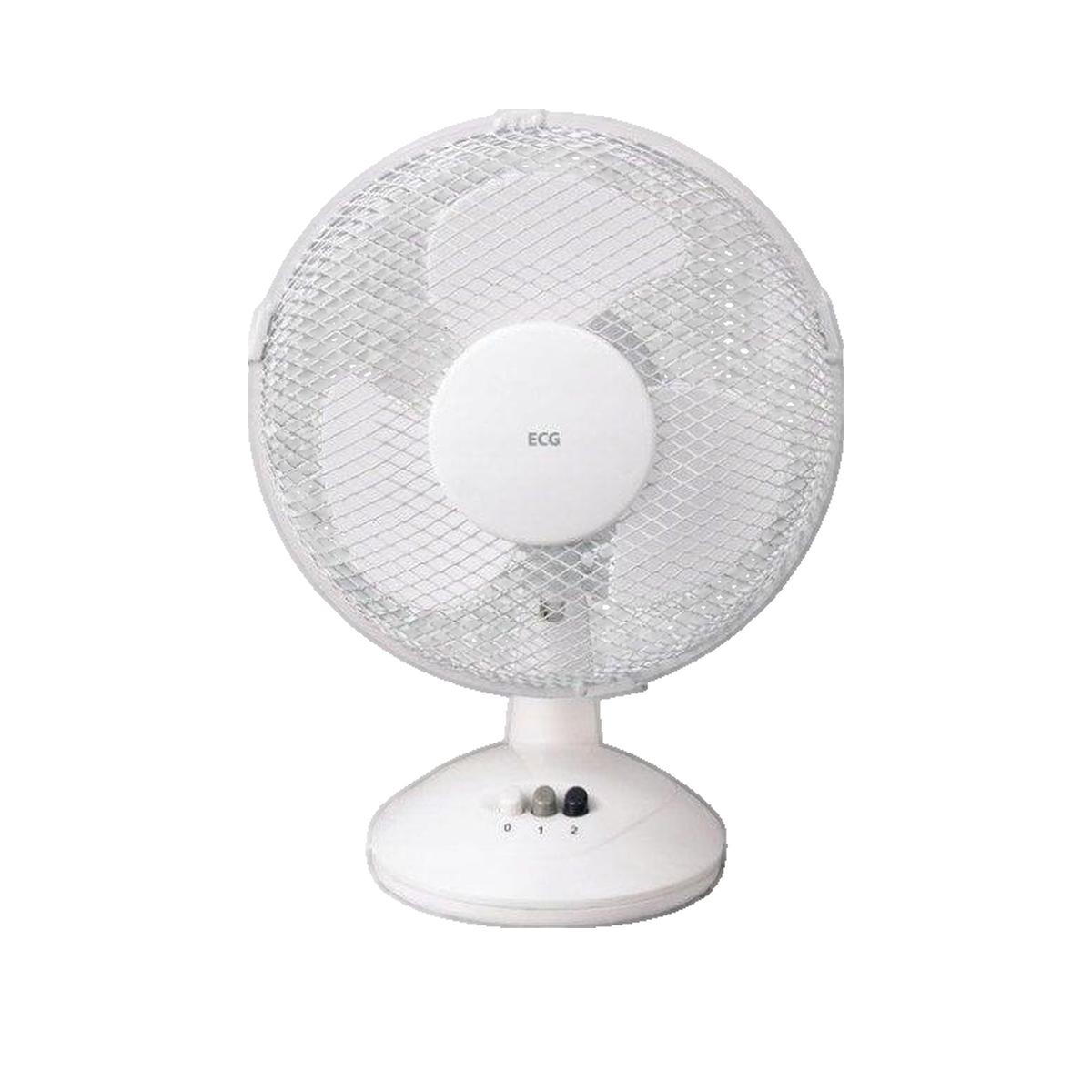 Ein weißer Tischventilator mit ECG-Logo und drei Geschwindigkeitsstufen.