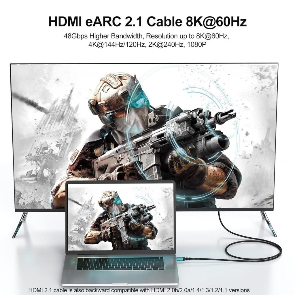 Dizüstü bilgisayar ve TV, silahlı bir askeri gösteriyor. HDMI 2.1 kablosu bağlıyor.