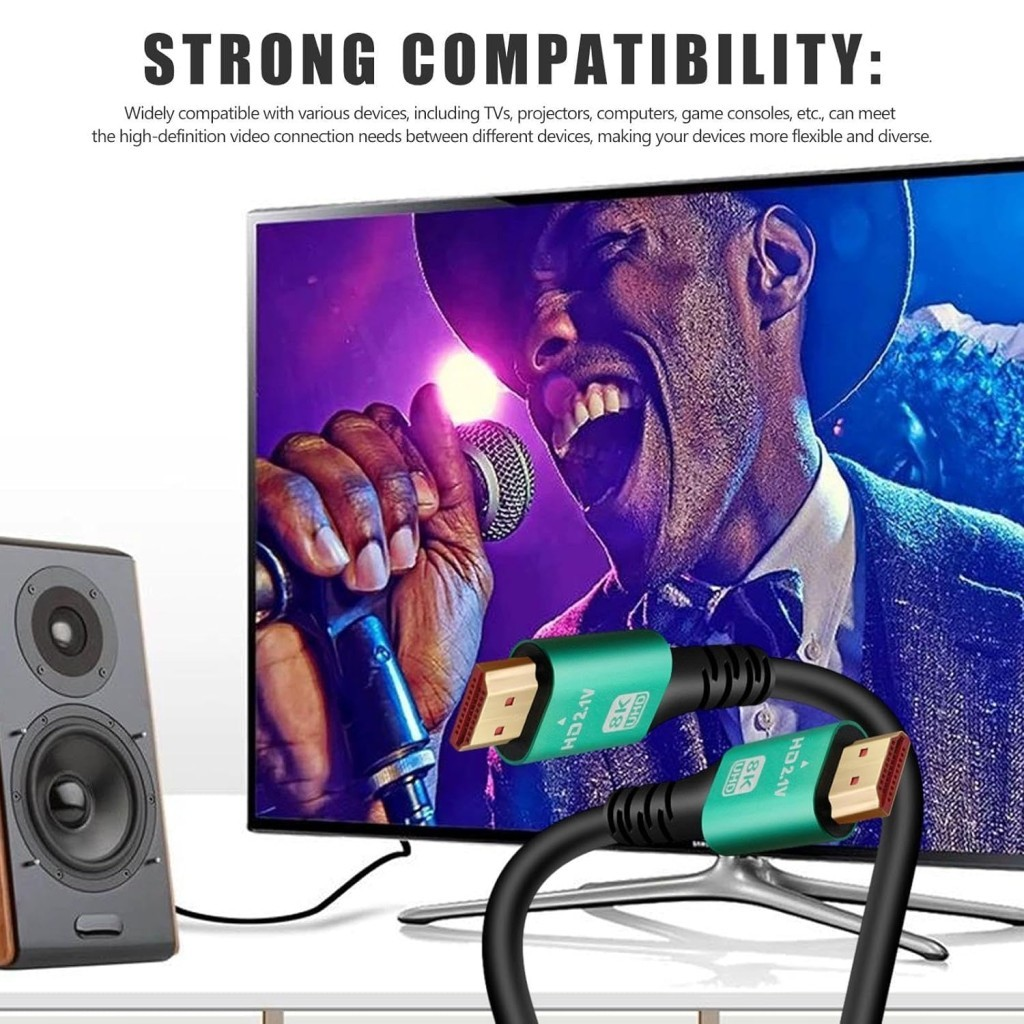 Bir şarkıcı gösteren TV ekranı önünde HDMI kablolarının yakın çekimi.