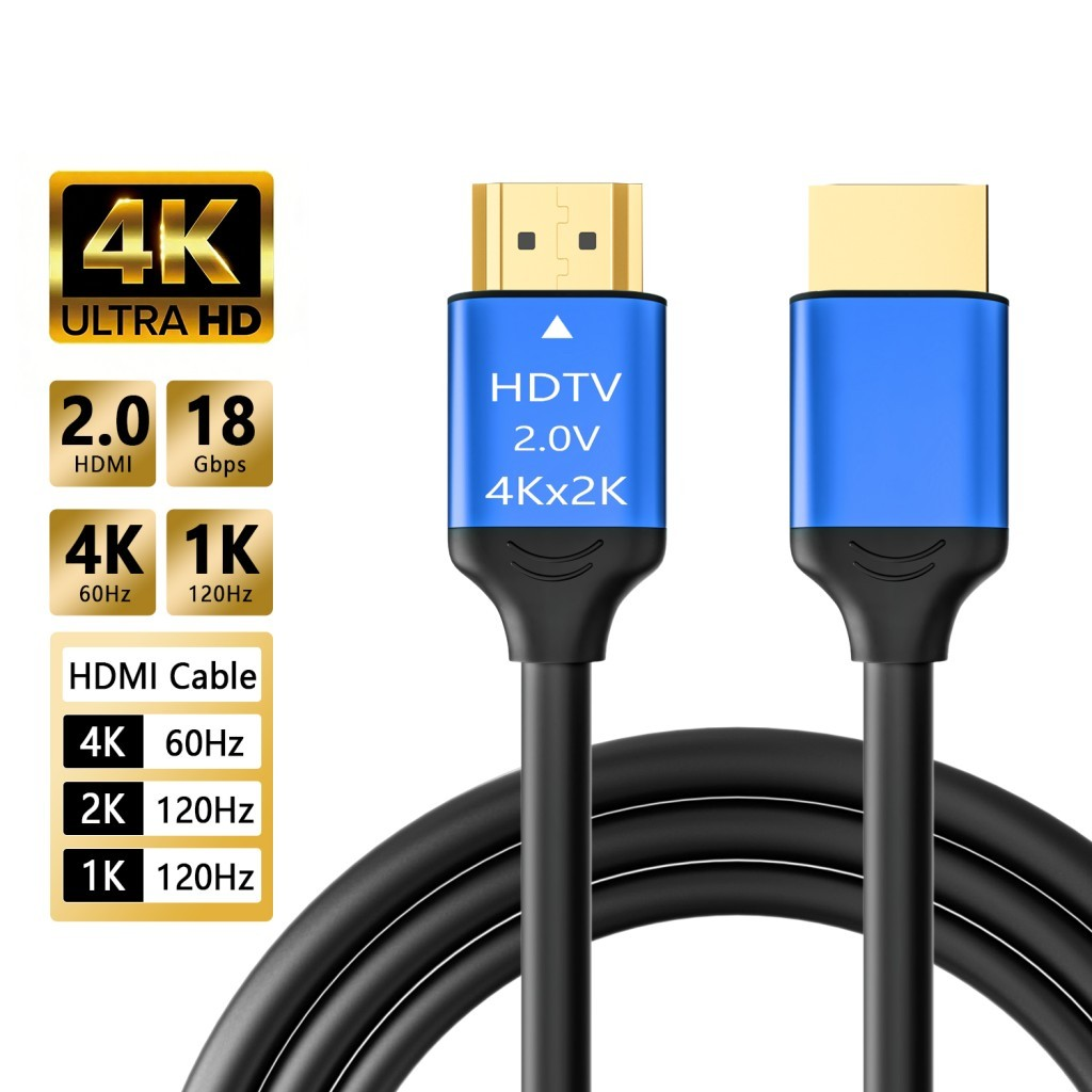 4K çözünürlüklü, 2.0V, 18 Gbps HDMI kablosu. Mavi konektörler, siyah kablo.
