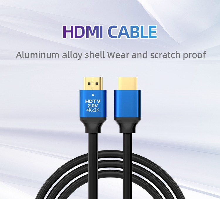 Altın pinli iki mavi konektörlü HDMI kablosu. Yazı: HDMI CABLE.