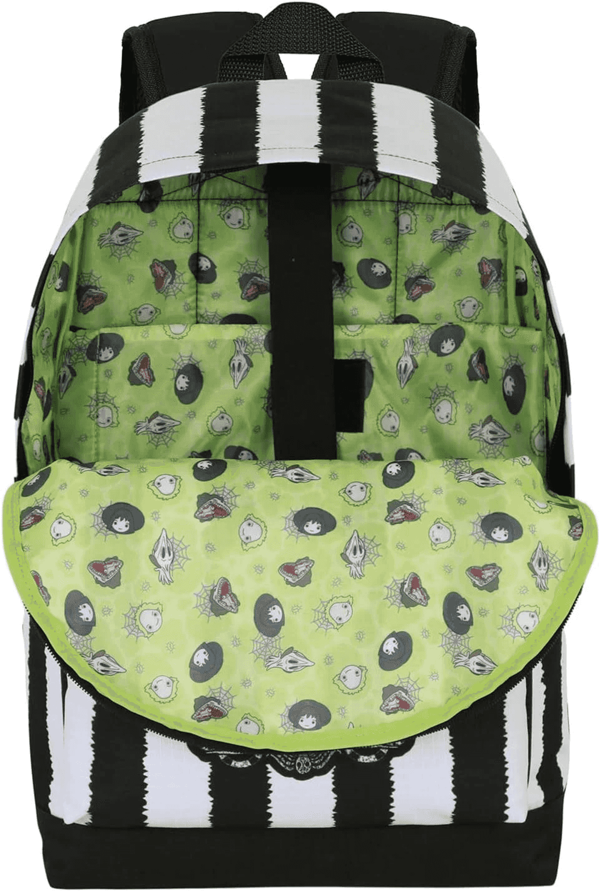 Una mochila con rayas blancas y negras y forro interior verde claro con estampados de personajes.