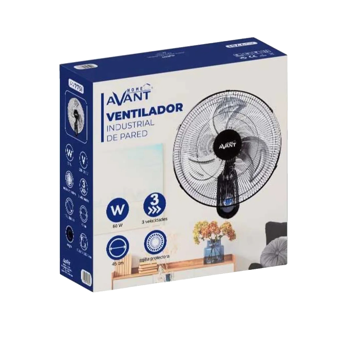 Confezione di un ventilatore da parete industriale AVANT con caratteristiche.