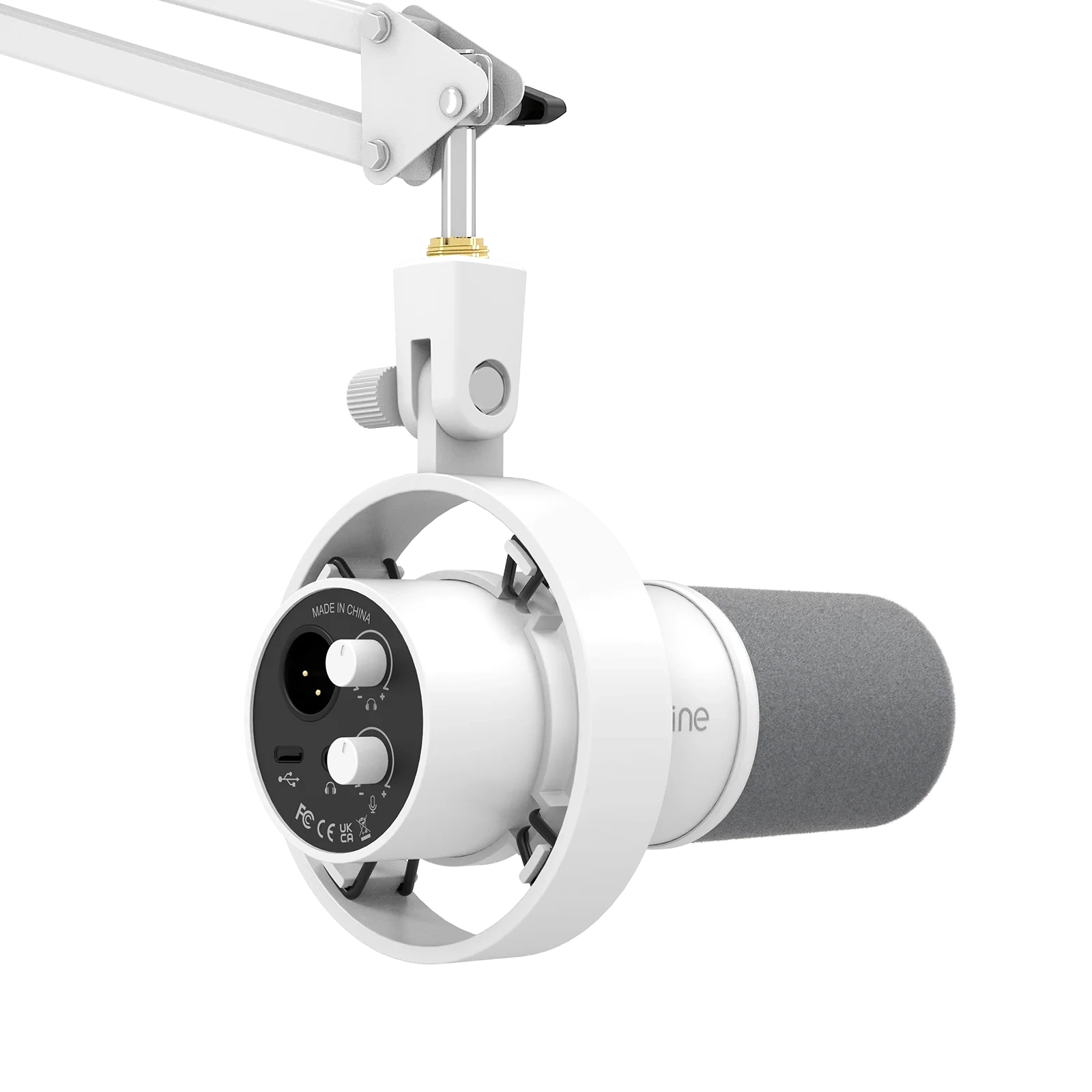 XLR ve USB bağlantı noktaları, düğmeleri ve gri sünger filtresi olan beyaz mikrofon.