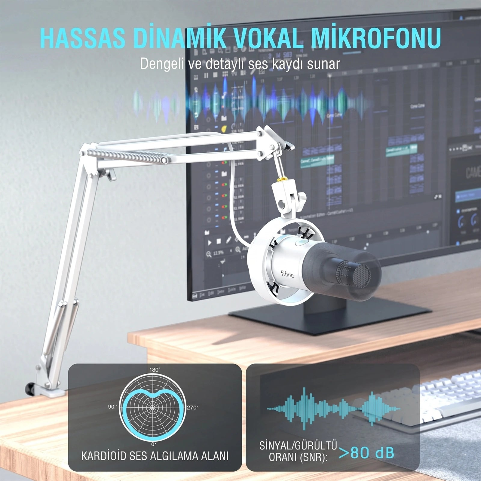 Bilgisayar ekranı önünde duran, ses dalgaları gösteren bir kondenser mikrofon.