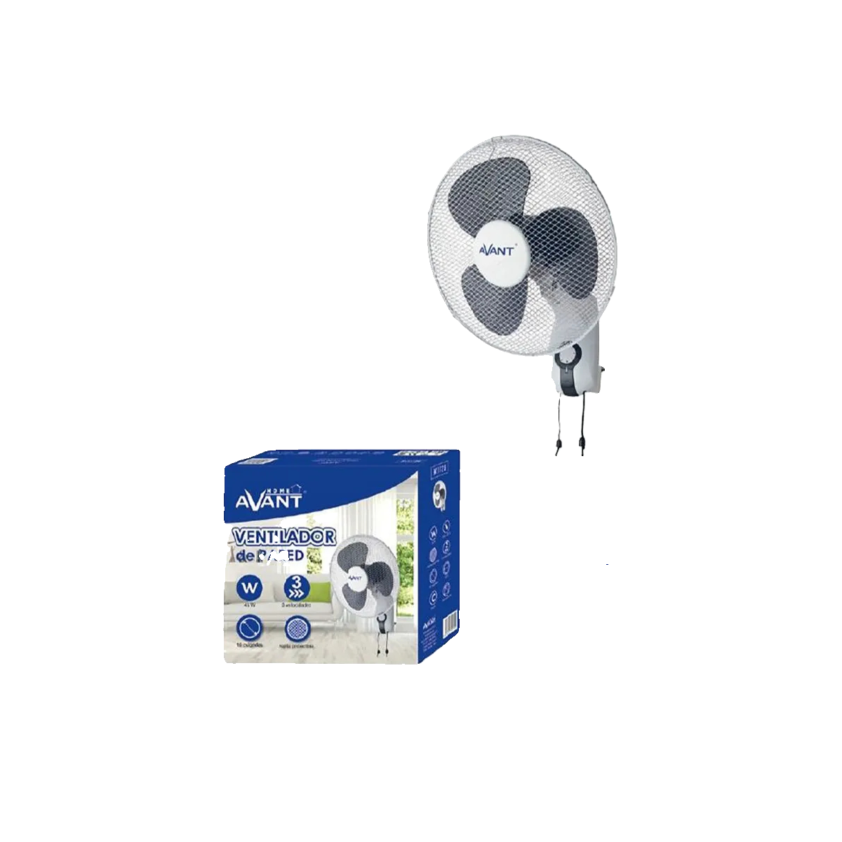 Un ventilador de pared y su embalaje.