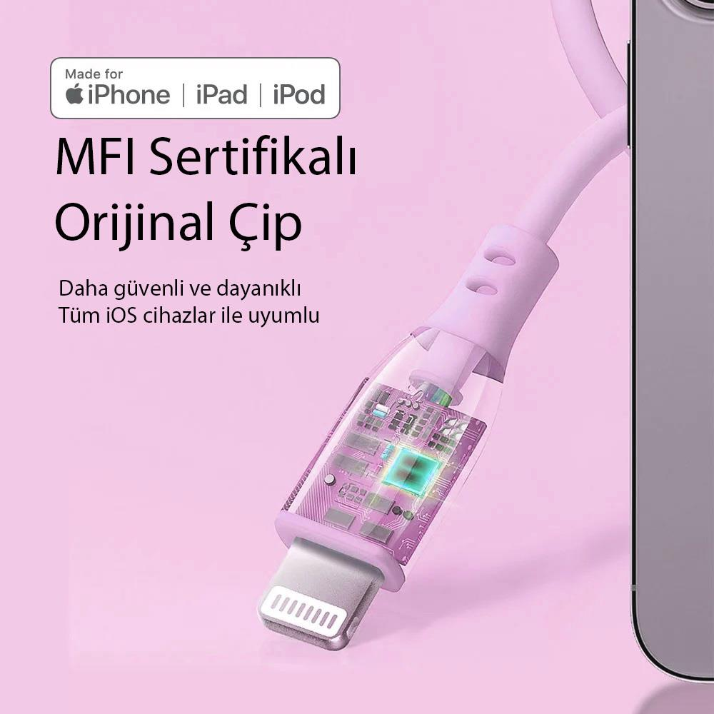 Görünür devre kartlı mor şarj kablosu, Apple cihazlar için MFI sertifikalı.