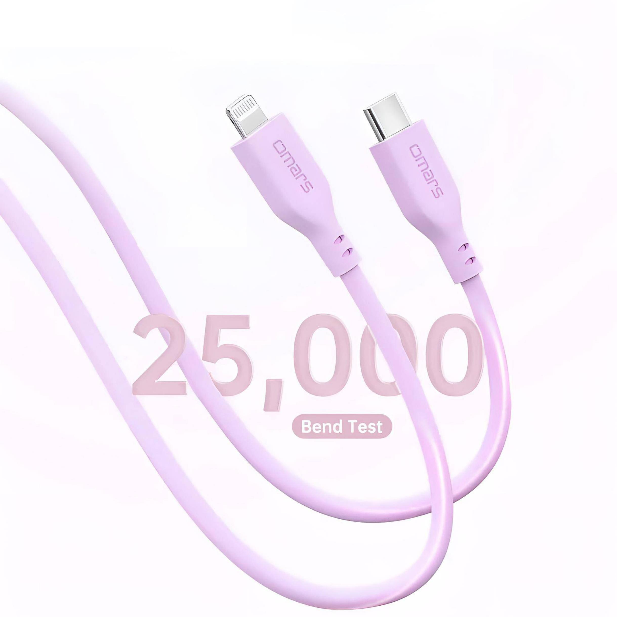 Lightning ve USB-C konektörlü mor şarj kablosu.