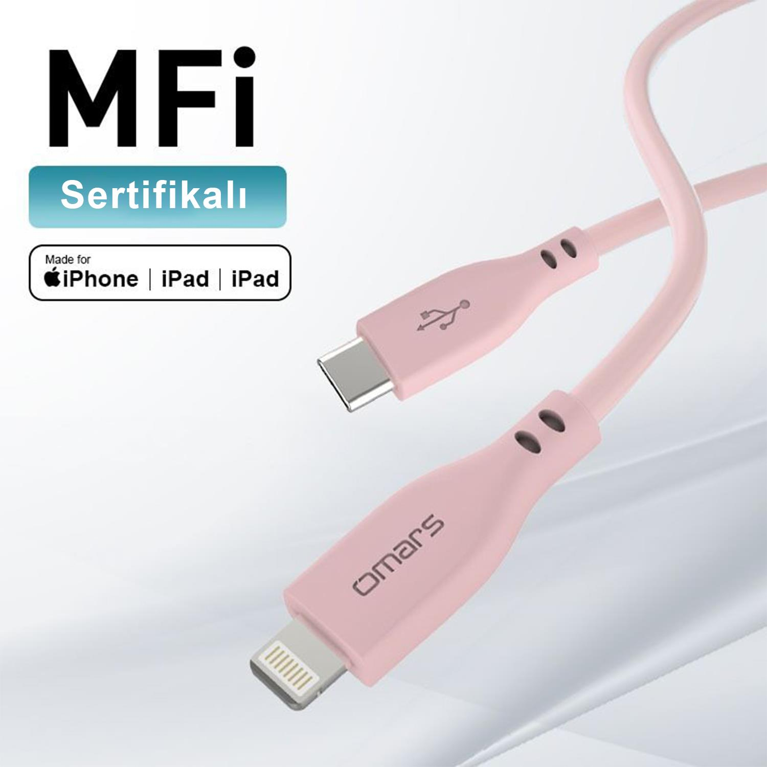 USB-C ve Lightning konektörlü pembe MFi sertifikalı şarj/veri kablosu.