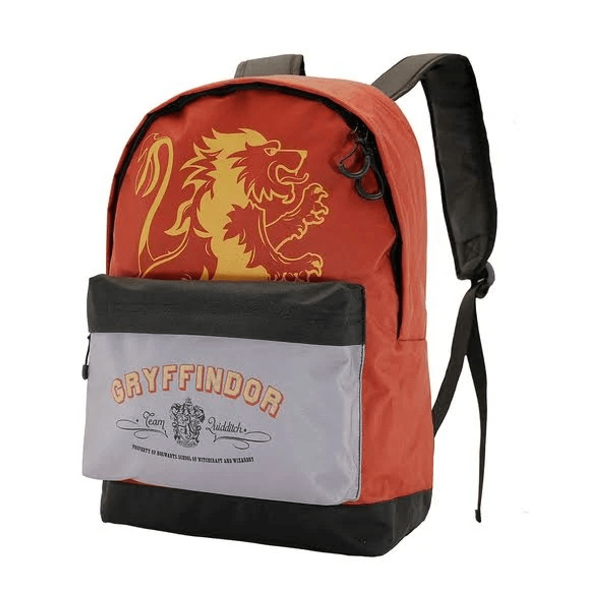 Una mochila roja con un león Gryffindor amarillo y texto de Gryffindor.