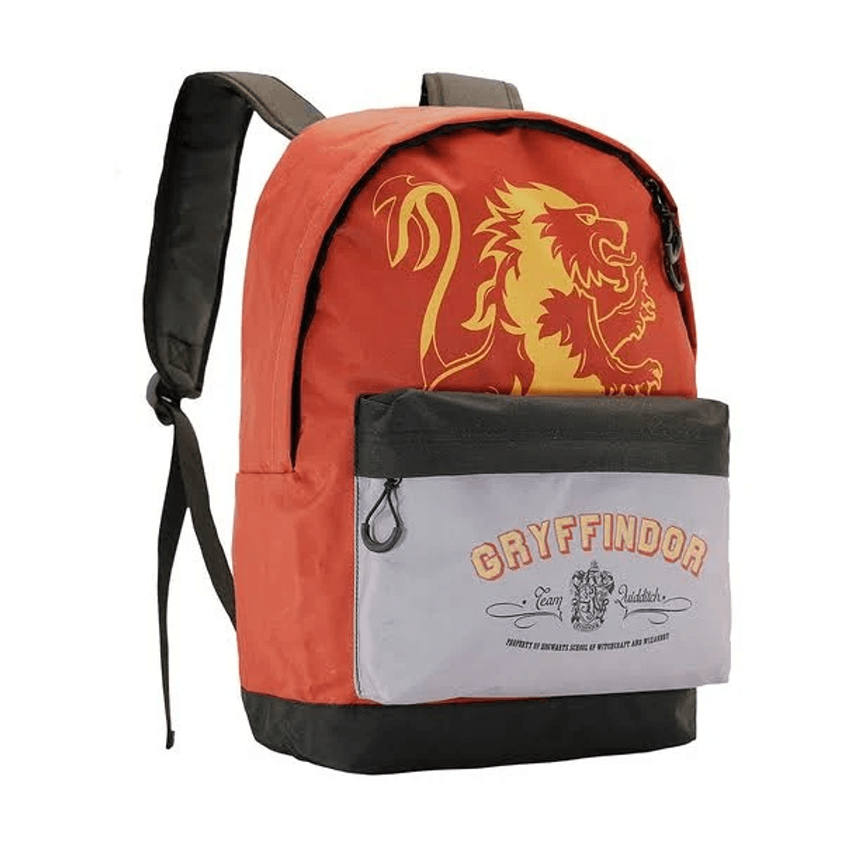 Mochila roja con logo de Gryffindor y emblema de león.