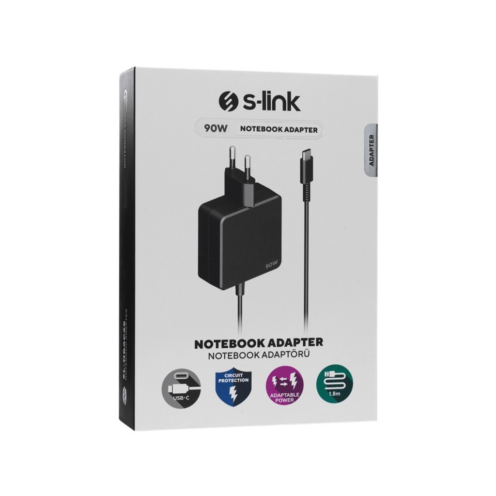 S-Link 90W USB-C dizüstü bilgisayar adaptörünün ambalajı.