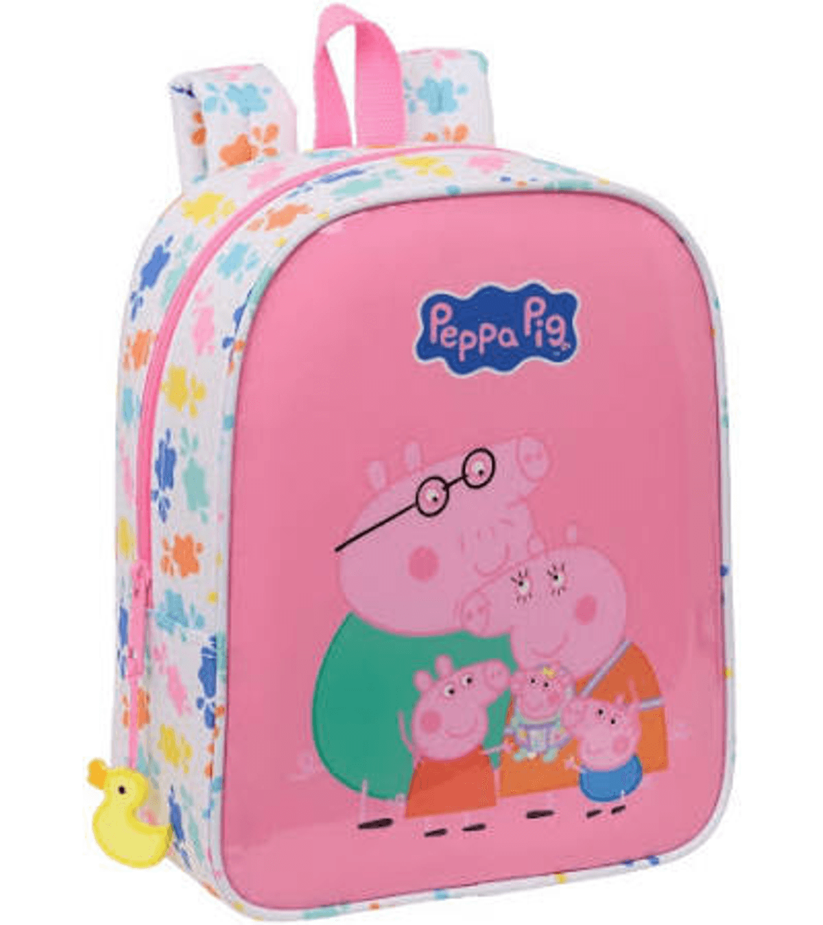 Una mochila rosa de Peppa Pig con huellas y un charm de patito amarillo.